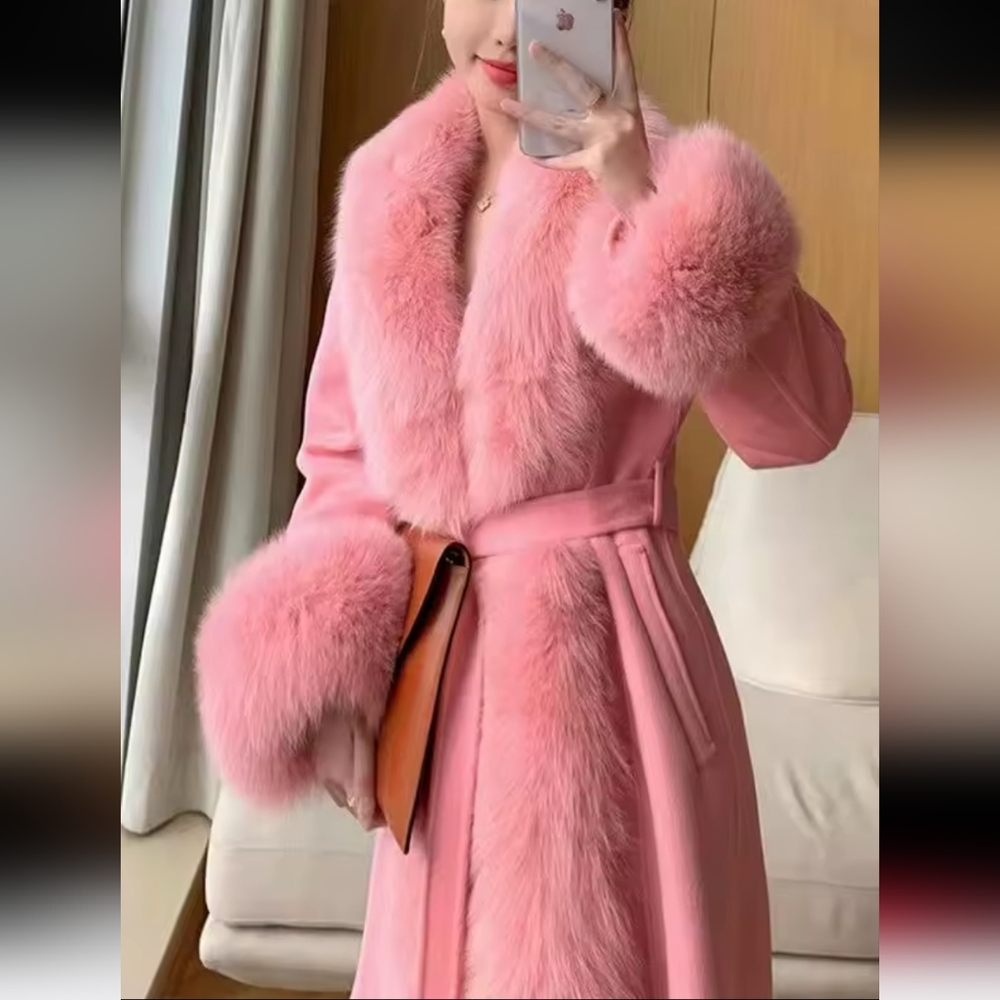 Winter New Women Elegant Solid Faux Fur Collar Woolen Coats Lady Thick Warm Pink - Picture 3 of 6